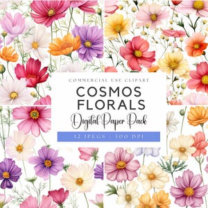 Papel digital floral Cosmos de acuarela: Flor de nacimiento de octubre (JPEG de 300 DPI)