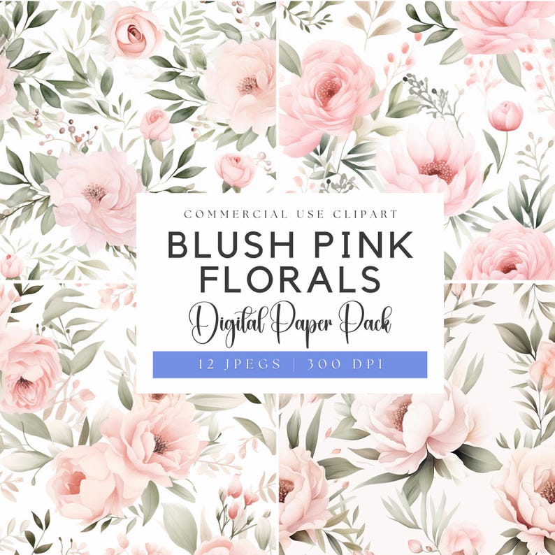 Watercolor Blush Pink Floral Digital Papers: Wedding Designs (300 DPI ...