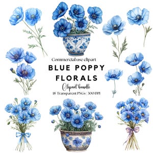 Clipart de Papoula Azul em Aquarela | Papoula da Califórnia | Flor de Papoula Azul | Desenho de Papoula Azul | Arte de Papoulas | Papoula png
