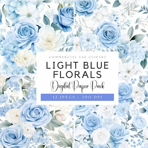Aquarell hellblaue florale digitale Papiere | Blaue Rosen | Blaue Blumen | Blaue Blume Png | Blaue Hochzeit | Blaue Hortensie