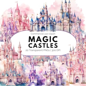 Paquete de imágenes prediseñadas de castillos mágicos PNG, castillos de princesas de fantasía en acuarela, torres de cuento de hadas en tonos rosa pastel y azul, diseños de nubes de ensueño, suaves y caprichosas.