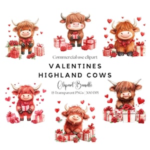 Clipart de vaca das terras altas dos namorados | Dia dos namorados PNG | Design de vaca das terras altas bebê em aquarela | Vaca das terras altas fofa png | Animais dos namorados