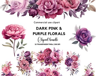 Watercolor Floral Clipart: Dark Pink & Purple Roses (PNG)