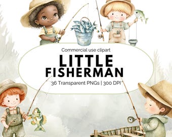 Cute Watercolor Little Fisherman Clipart Set, Fishing Themed Nursery Decor, Whimsical Outdoor Fishing Artwork Digital Download PNG's