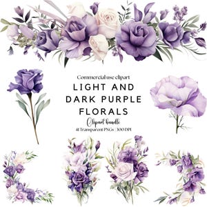 Clipart floreale viola chiaro e scuro / Bouquet da sposa viola png / Fiore viola png / Iris / Lisianthus / Invito a nozze viola / Lilla