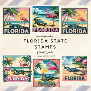 Florida State Stamp PNG, Vintage Postal Flamingo Design, Travel Postage Sublimation Digital Download
