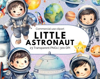 Cute Kids Little Astronaut Outer Space Watercolor Clipart Bundle, Planet Moon & Rocket PNG's Kids Nursery and Party Decor