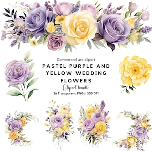 Clipart de flores de boda en tonos pastel morado y amarillo / Flores de primavera / Boda de primavera / Flores moradas / Flores lilas / Rosas amarillas / Invitación