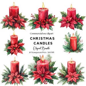 Watercolor Christmas Candles Clipart: Festive Holiday PNG (Digital Download)