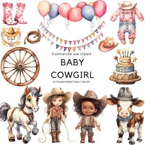 Cute Baby Cowgirl Clipart | Botas de Cowgirl | Velho Oeste | Decoração de berçário | Arte de parede de berçário | Chá de bebê | Cavalo | Vaca | Faroeste | Chapéu de cowboy