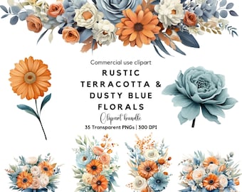 Terracotta & Dusty Blue Floral Clipart: Rustic Watercolor Flowers (Digital Download)