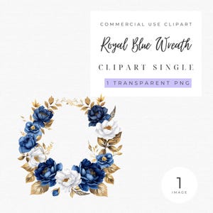 Couronne de fleurs bleu royal aquarelle | Fleurs bleues | Fleur bleue png | Fleurs bleues et dorées | roses bleu roi | Faire-part de mariage