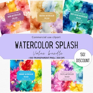 Pacote de clipart de respingos de aquarela | Pinceladas | Respingos de tinta | Fundo abstrato | Texturas | Uso comercial | PNG transparente