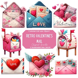 Clipart de correo retro de San Valentín / Carta de amor / Buzón / Día de San Valentín / Día del amor / Clipart para uso comercial / PNG transparente