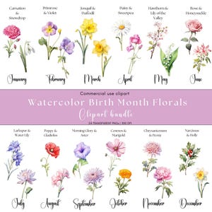 Clipart de flor de mês de nascimento em aquarela | Flor de nascimento Png | Presente de dia das mães | Rosa | Cravo | Campânula de neve | Narciso | Peônia | Espinheiro