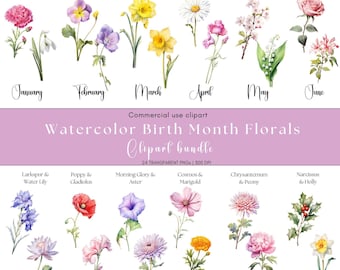 Watercolor Birth Month Flower Clipart: Floral PNG Bundle
