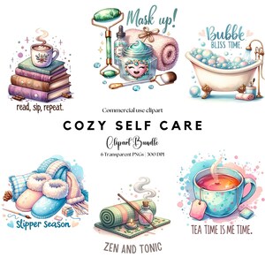 Watercolor Cozy Self Care Clipart - Relaxation -  Self Love - Cottagecore - Reading - Beauty - Soft Girl - Planner Girl - Cozy Aesthetic