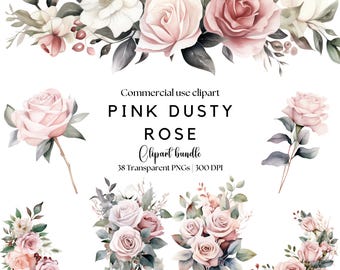Dusty Rose Clipart: Pink Watercolor Floral PNG Bundle (Digital Download)