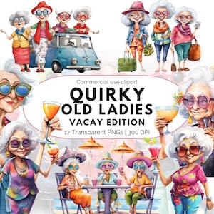 Może przedstawiać: Cyfrowa ilustracja 'Quirky Old Ladies' na wakacjach, z tekstem 'VACAY EDITION'. Obraz przedstawia starsze panie w kolorowych strojach, niektóre z napojami, inne w pobliżu zabytkowego samochodu. Kolekcja przezroczystych plików PNG.