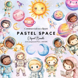 Clipart PNG pastello dello spazio, ragazza astronauta kawaii e pianeti, download di design digitale dello spazio esterno