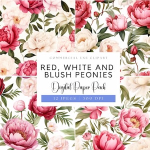 Carte digitali con peonie rosse, bianche e rosa / Fiori di peonie acquerellati / Arte di inviti floreali / Borgogna e rosa / Sfondo di peonie