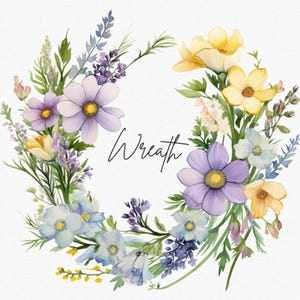 Watercolor Wildflower Wreath Clipart: Floral Wedding Invitation (PNG)