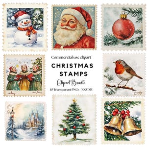 Imágenes prediseñadas de sellos navideños vintage / Imágenes prediseñadas navideñas / Pegatinas de Papá Noel / Correo de Papá Noel / Sublimación de Papá Noel / Sellos postales PNG