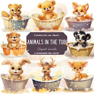 Dieren in badkuipen clipart | Schattige dieren | Grappige tekenfilmdieren | Grappig dier | Kinderkamerinrichting | Babyshower | Kwekdier