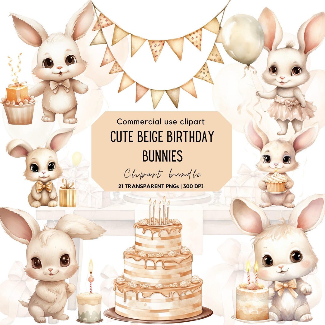 Watercolor Beige Birthday Bunny Clipart | Cute Rabbit | Kawaii Bunny ...