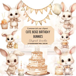 Aquarell Beige Geburtstag Bunny Clipart | Niedliches Kaninchen | Kawaii Häschen | Niedliches Häschen | Neutrale Babypartyeinladung | Neutral Geburtstag