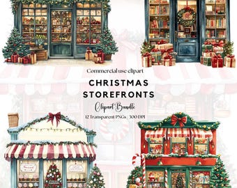 Watercolor Christmas Storefronts Clipart: Festive Holiday Shops (PNG)