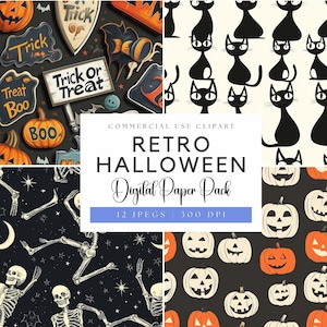Retro Halloween Digital papers | Vintage Halloween | Spooky Season | Seamless Halloween Pattern | Jack o Lantern | Skeleton | Witch