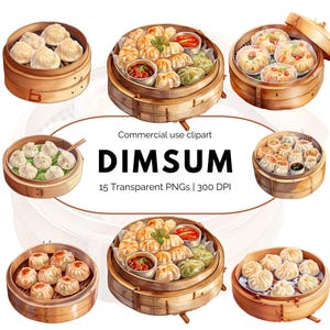Dim Sum Watercolor Clipart Bundle, Chinese Food PNG Graphics, Asian Dumpling Art for Stickers and Sublimation