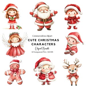 Clipart de personagem fofo de Natal | Papai Noel e Sra. Noel | Papai Noel | Gráficos de Natal | Anjo | Elfo | Homem-biscoito | Trenó