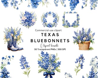 Watercolor Texas Bluebonnet Clipart: Floral PNG Bundle (Commercial Use)