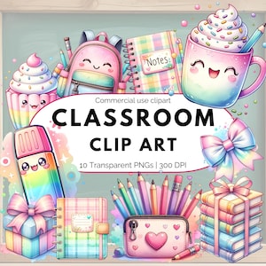 Könnte beinhalten: Ein farbenfrohes Klassenzimmer-Clip-Art-Bild mit Cupcake, Rucksack, Becher, Schleife und Notizbüchern. Der Text "CLASSROOM CLIP ART" und "10 Transparent PNGs | 300 DPI" sind enthalten. Die Farbpalette umfasst Rosa, Blau und Gelb.