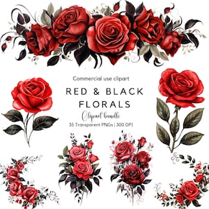 Clipart floral rojo y negro en acuarela / Rosa roja / Rosas negras png / Flores góticas / Corona floral / Flores de boda / Clipart de rosa negra