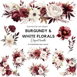 Clipart floral bordeaux et blanc | Mariage Bourgogne | Fleurs aquarelles | Clipart mariage | Faire-part de mariage | Bouquet Bourgogne