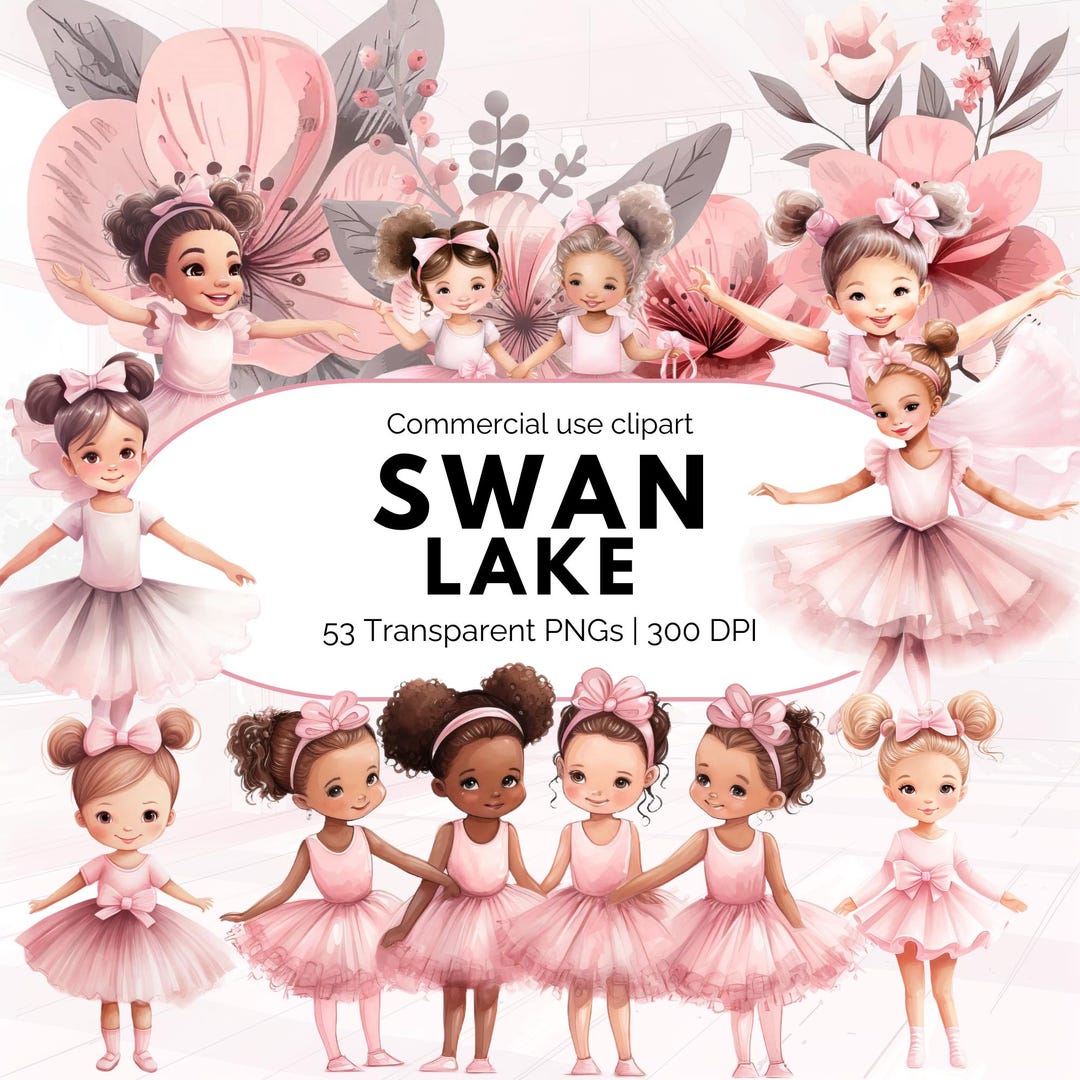 Swan Lake Ballerina Clipart Bundle, Pink Watercolor Ballet Girls PNG ...