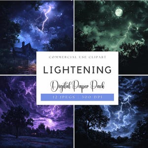 Stormy Sky Digital Paper: Lightning Bolt Fantasy Backgrounds (300 DPI JPEGs)