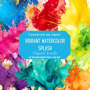 Clipart vibrante de respingos de aquarela | Pinceladas | Respingos de tinta | Fundo abstrato | Texturas | Uso comercial | PNG transparente