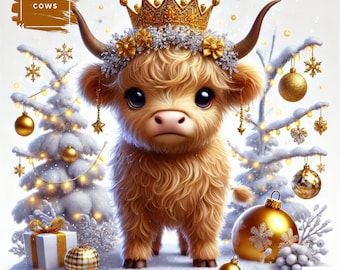 Christmas Highland Cow Clipart: Festive Cow PNG, 300 DPI JPEGs
