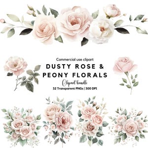 Dusty Pink Rose und Pfingstrose Clipart | Aquarell Blumen | Altrosa floral | Hochzeitseinladung Clipart | Dusty Rose Blumenstrauß