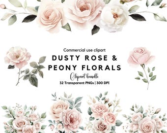 Dusty Pink Rose & Peony Watercolor Clipart: Wedding Florals (Digital Download)