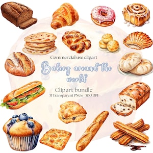 Padaria aquarela ao redor do mundo Clipart | Croissant | Pão pita | Challah | Donut | Scone | Muffin de mirtilo | Sourdough | Pretzel