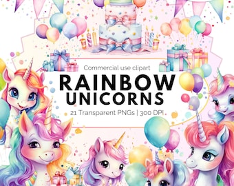 Pastel regenboog magische eenhoorn verjaardagsfeestje clipartpakket, uitnodigingen meisjesfeest, schattige afbeeldingen in verhalenboekstijl, eerste verjaardag