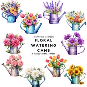 Clipart arrosoir floral aquarelle | Arrosoir png | Fleurs Arrosoir | Fleurs printanières | Jardinage | Outils de jardin | Fleurs d'été