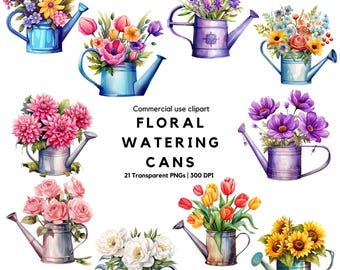 Watercolor Floral Watering Can Clipart: Spring Garden PNG (Digital Download)