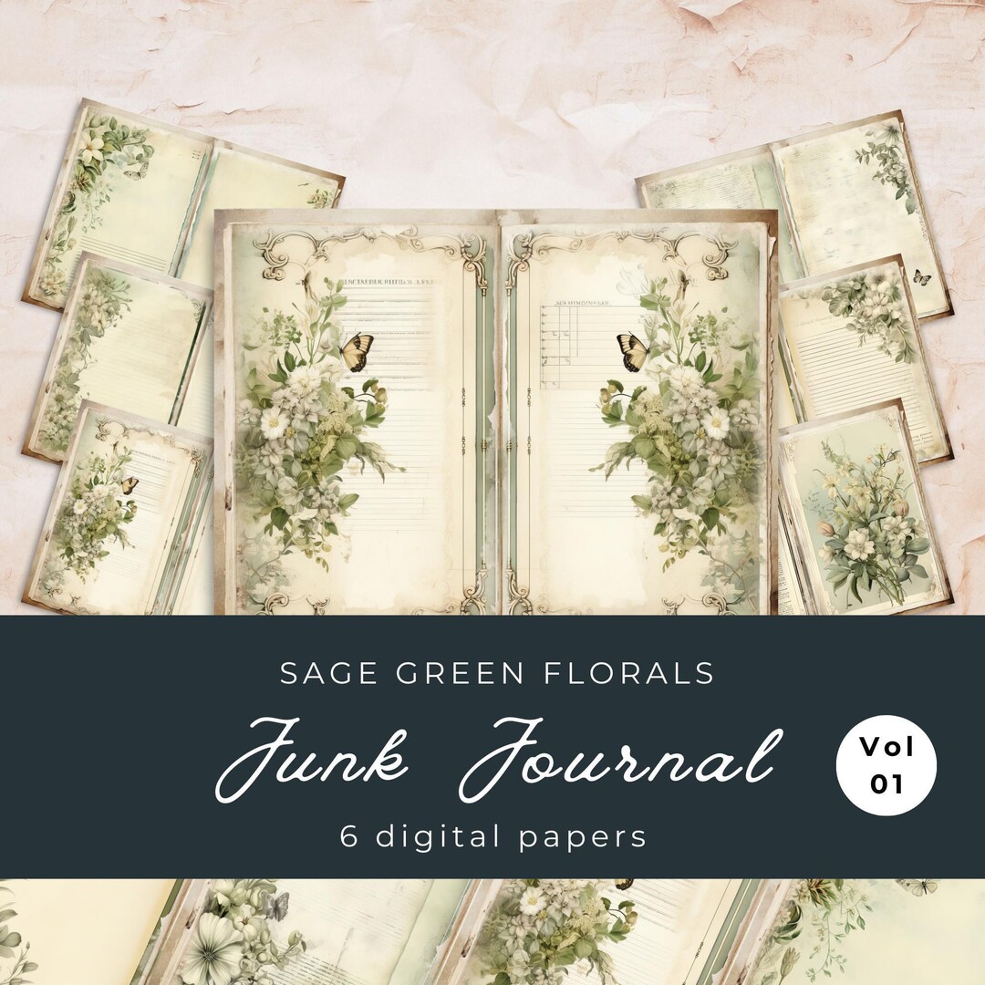 Sage Green Floral Junk Journal Pages: Vintage Scrapbook (digital ...