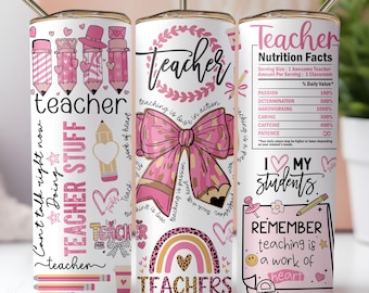 Teacher Life Tumbler Wrap: Coquette Pink Bow, Sublimation PNG (20oz Skinny Tumbler Design)